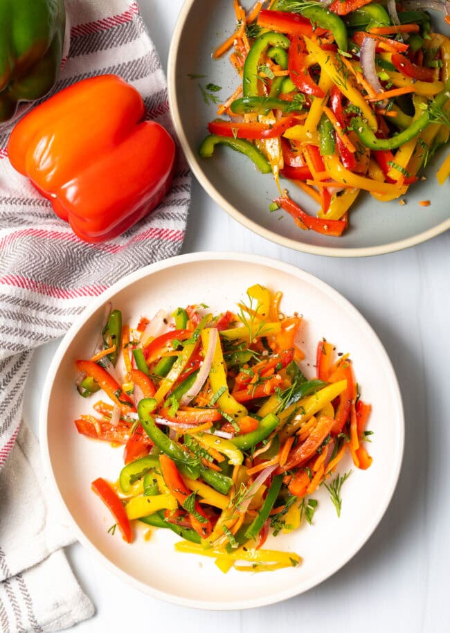 Top down view bell pepper salad.