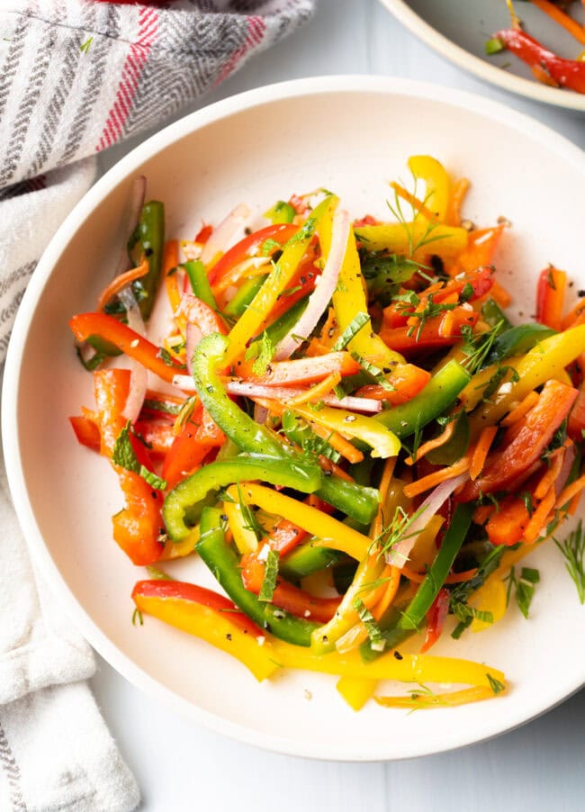 Bell Pepper Salad - Top down view crunchy pepper salad.