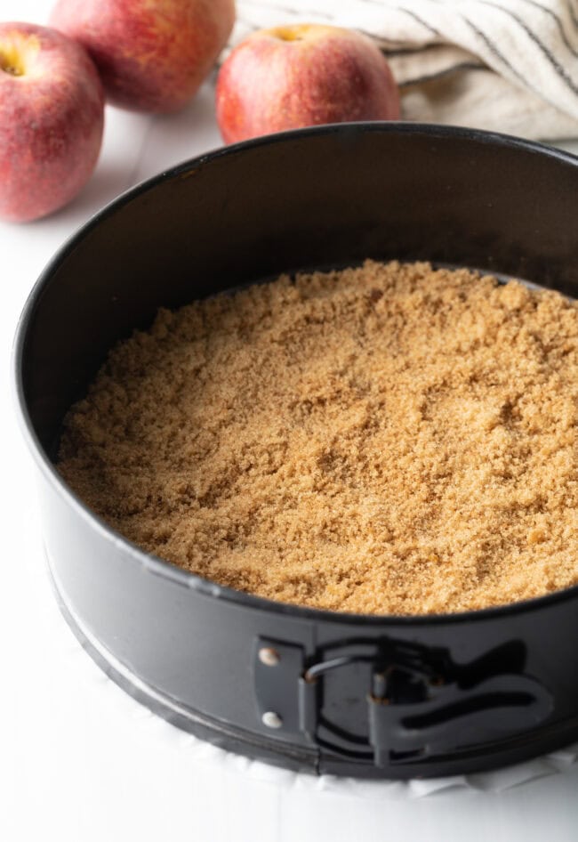 Springform pan coated with sugar and spice mixture.