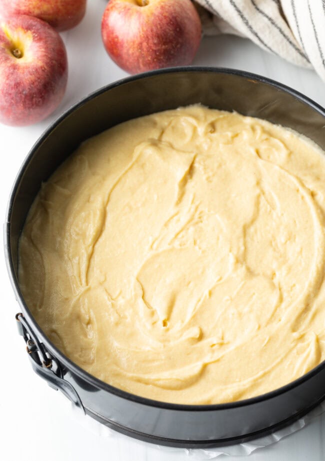 Cake batter spread in a springform baking pan.