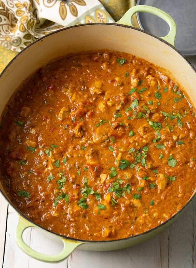 Easy Madras Curry in pot with curry chicken and Madras Masala spices