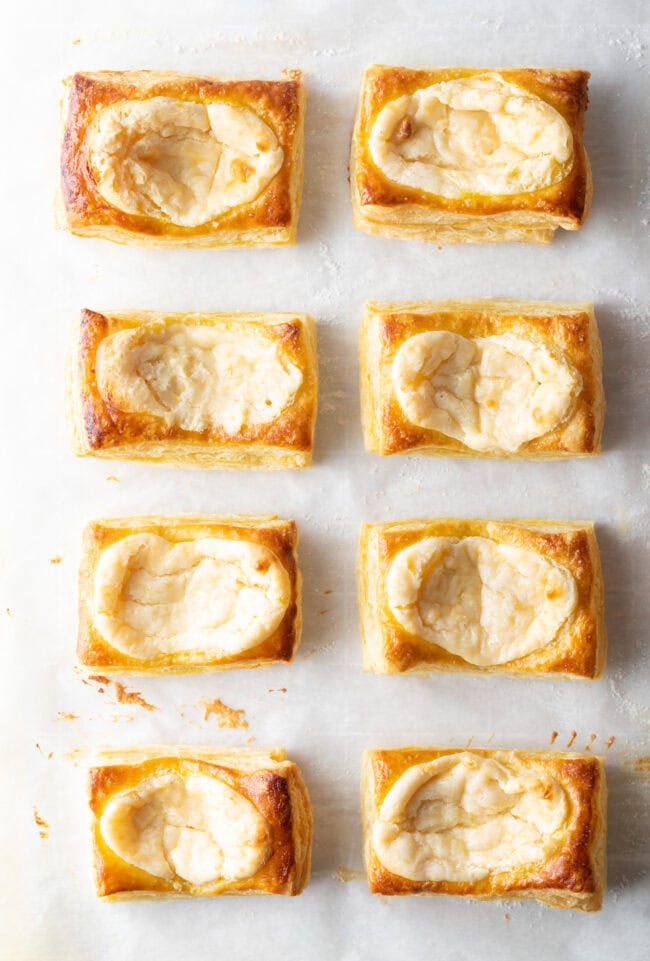 Top down view of 8 Starbucks cheese danishes freshly baked.