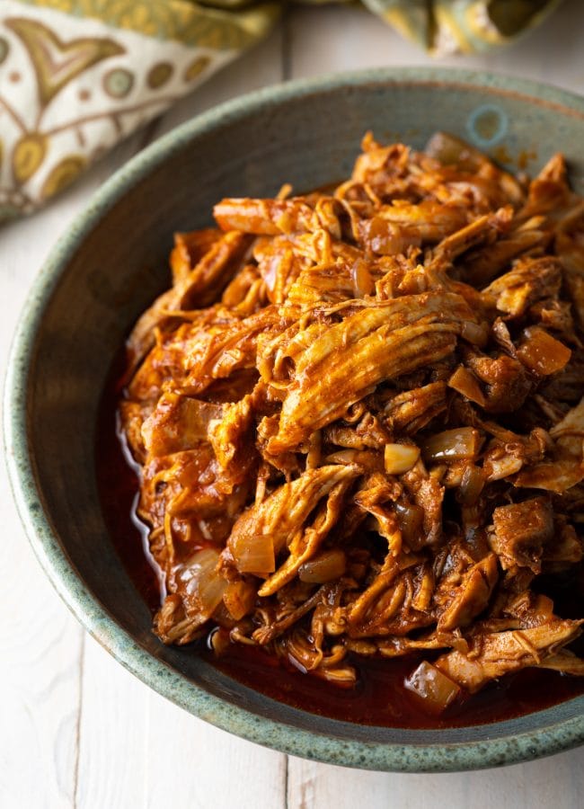 Doro Wat shredded chicken in a bowl. 