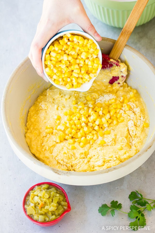 Mexican Stuffed Cornbread - mixing ingredients in bowl