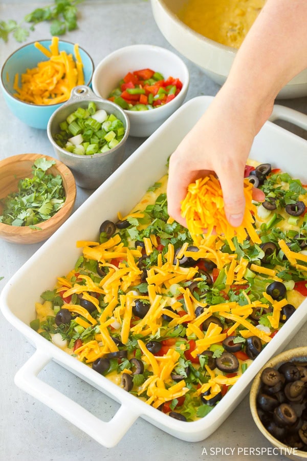 Stuffed Mexican Cornbread layered in pan