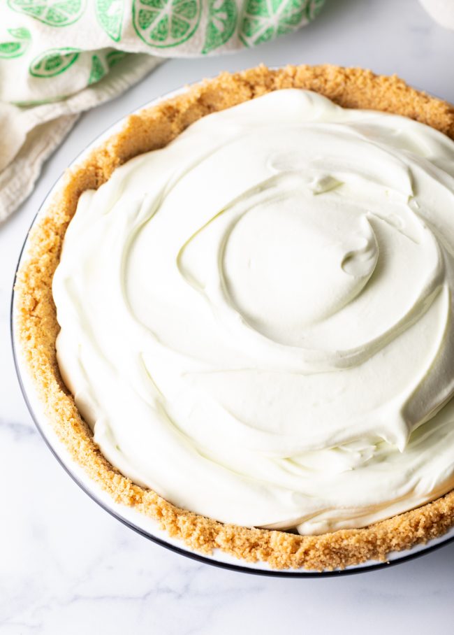 Fluffy key lime pie filling in the graham cracker crust. 