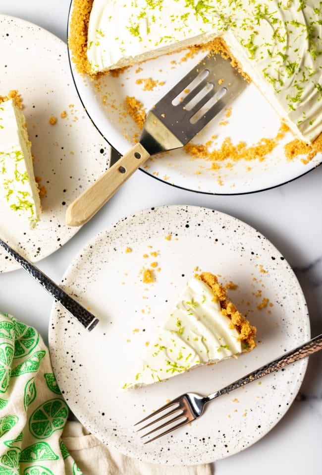 Overhead view slices of ice box lime pie. 