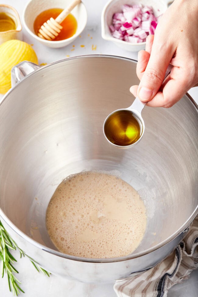 mixing Focaccia dough ingredients