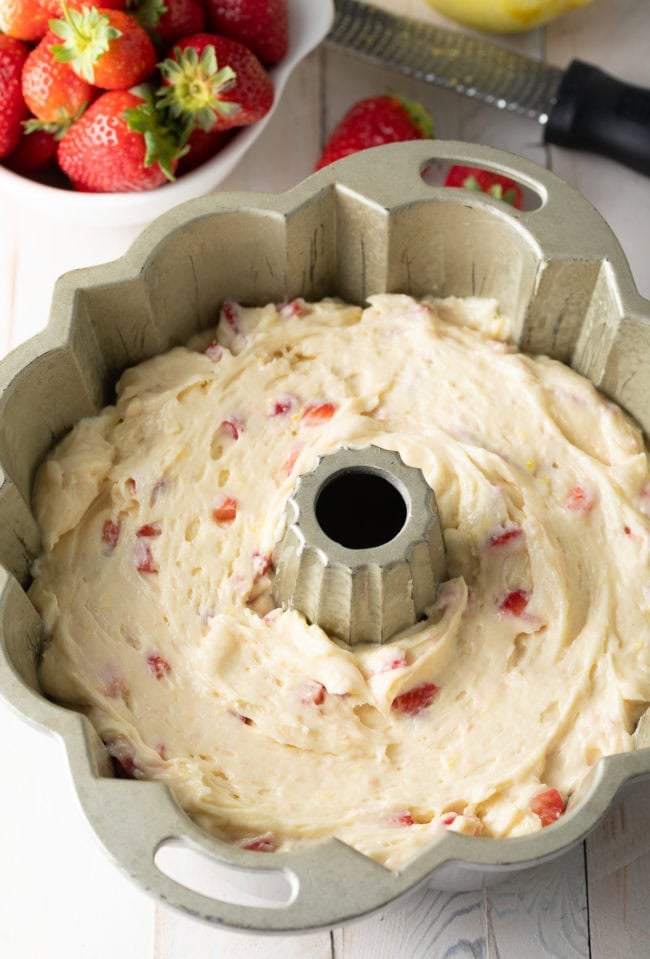 Strawberry Cake Batter in Bundt Pan  before being baked. 