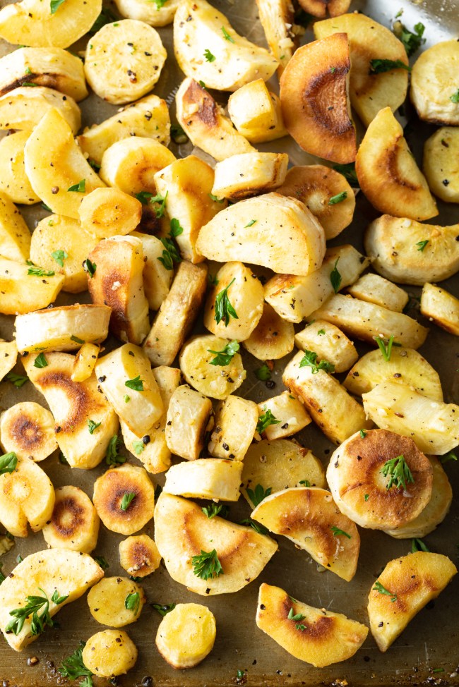 oven roasted baked parsnips with garlic butter