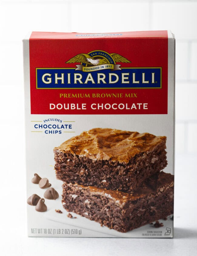 Front of the Ghirardelli double chocolate brownie box.