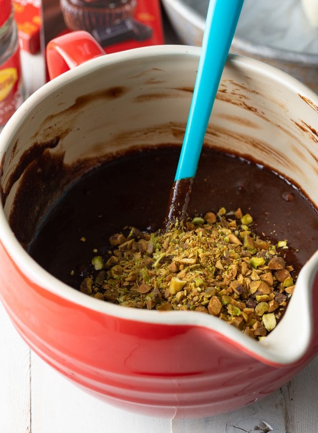 brownie cake batter with pistachios