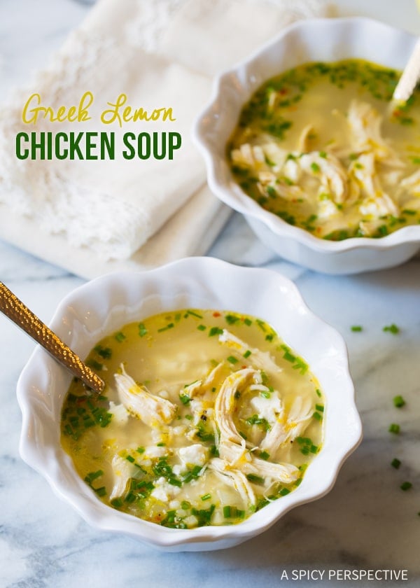 Two bowls of Greek lemon chicken soup. 