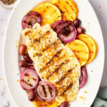 grilled grouper recipe overhead shot with Italian garnishes