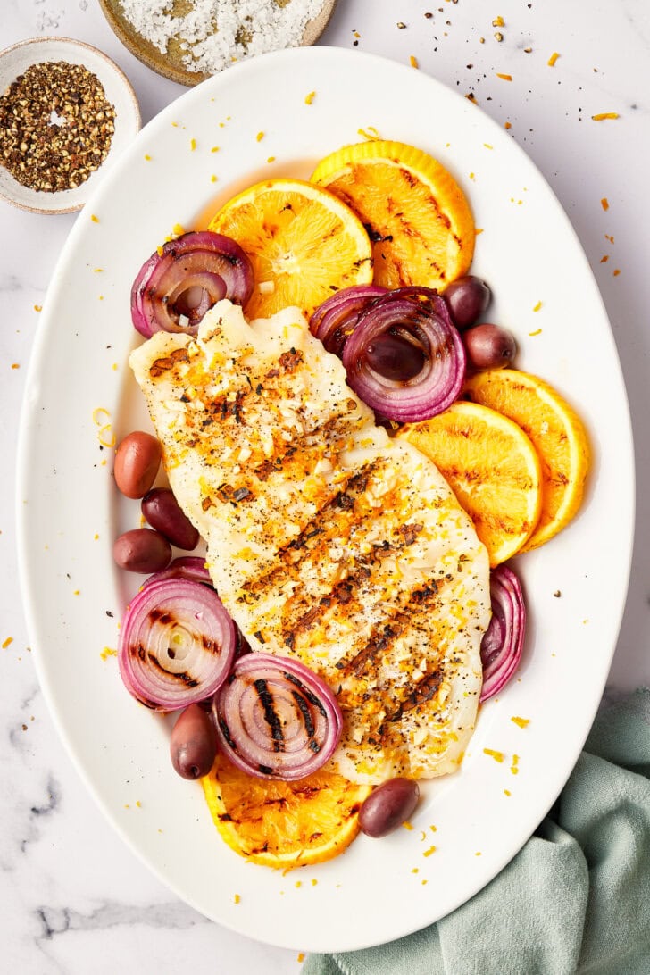 grilled grouper recipe overhead shot with Italian garnishes