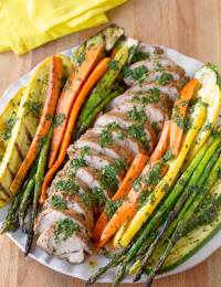 Healthy Grilled Pork Tenderloin with Chimichurri and Roasted Vegetables | ASpicyPerspective.com