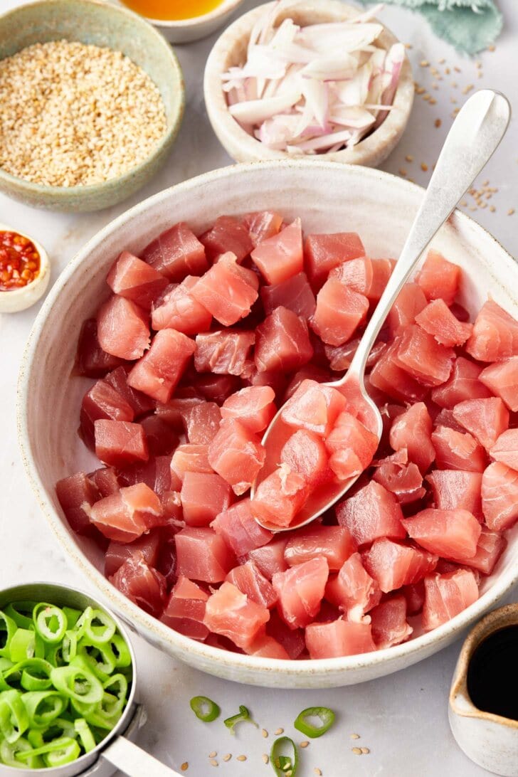 ahi tuna chopped for poke and in a bowl. 