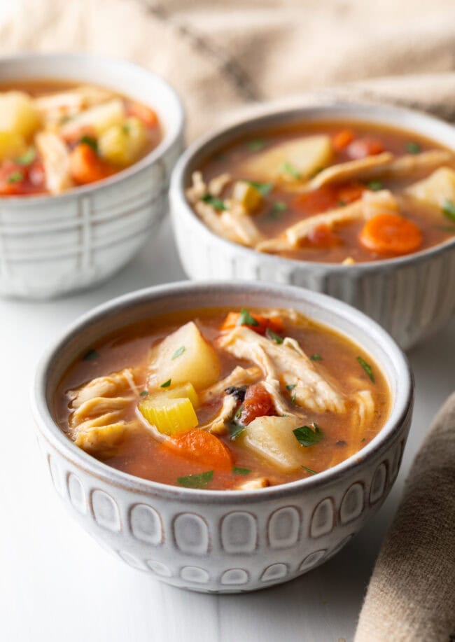 Chicken Stew Crock Pot - Close view bowl of slow cooker healthy chicken stew.