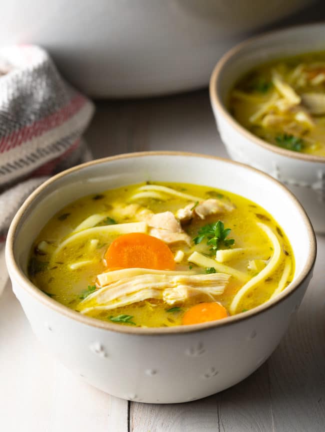 Chicken Noodles served in a bowl with vegetables and broth. 