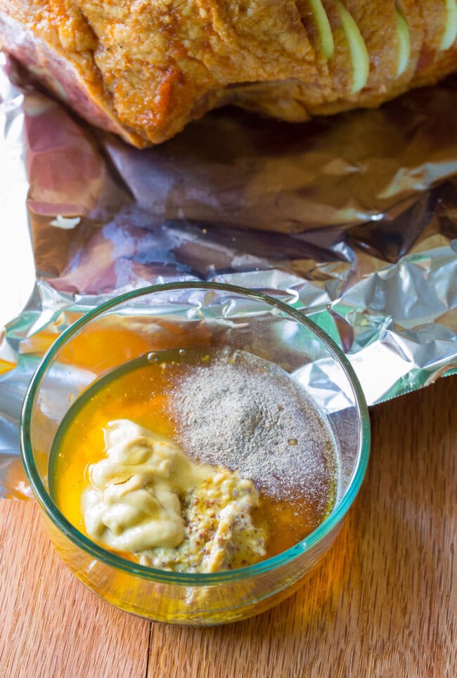 mustard ham glaze ingredients in a small bowl. 