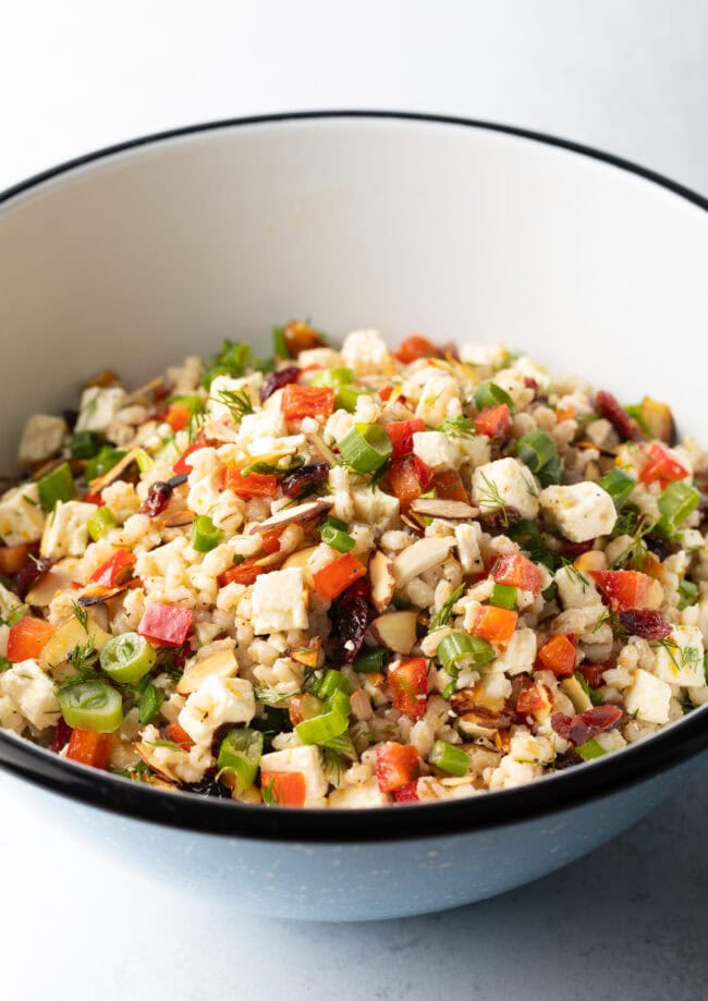 Salad with ancient grains, chopped herbs, peppers, and cheese tossed with lemon vinaigrette.