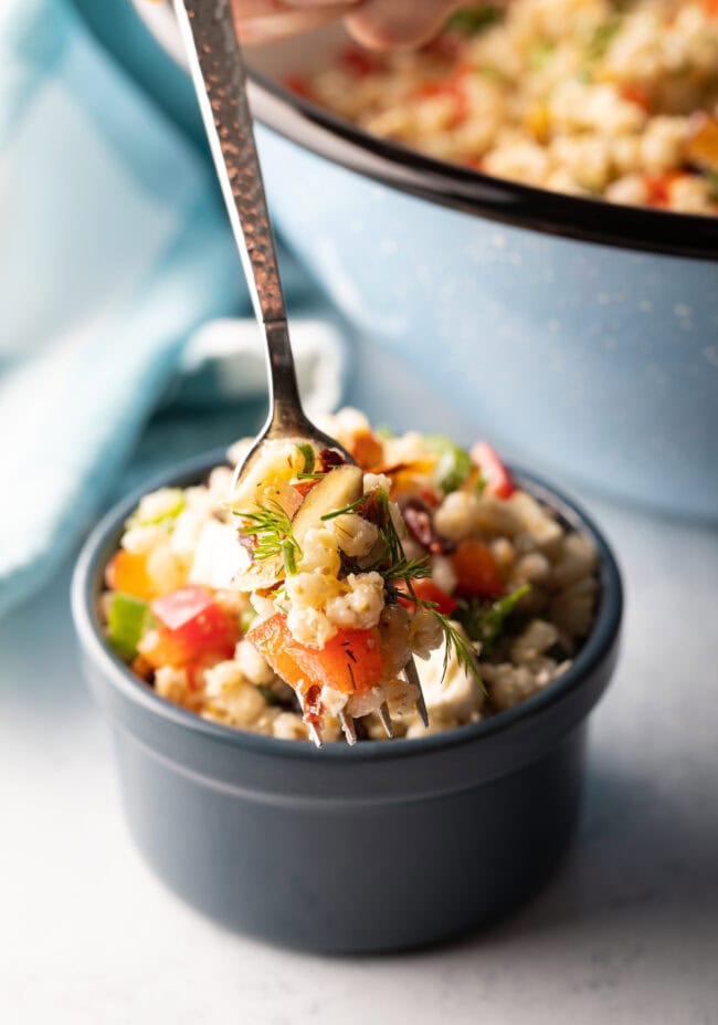 Metal fork showing finished pearl barley and veggie salad to camera.