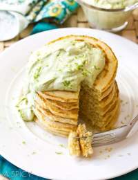 Savory Corn Cakes with Avocado Cream | ASpicyPerspective.com #avocado #breakfast #guacamole #savory