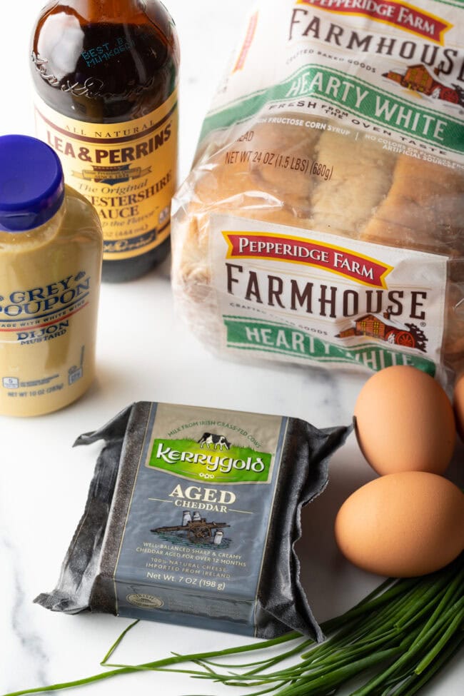 Ingredients you need: Eggs, aged cheddar, farmhouse bread, Dijon mustard, Worcestershire sauce.