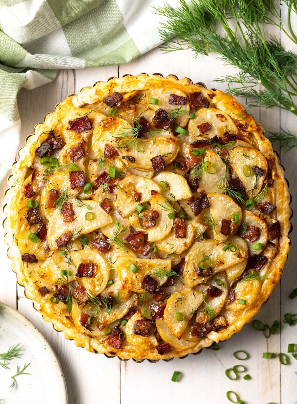 Overhead shot of potato pie after being baked. 