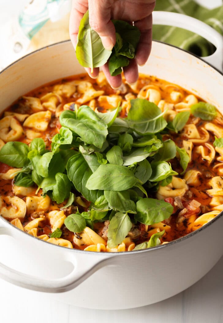 Hand adding fresh basil leaves to the soup.