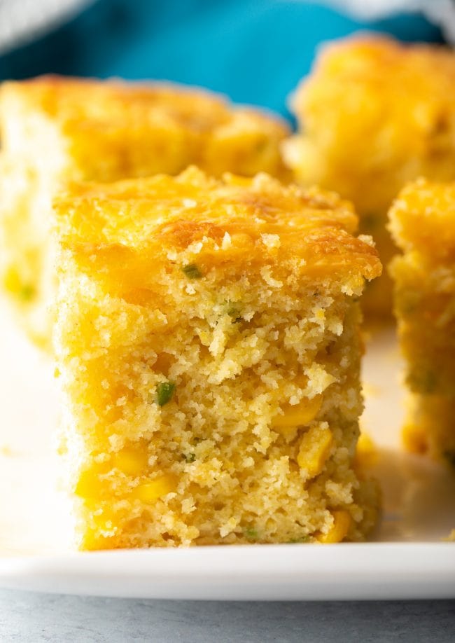 fluffy jalapeno cheddar cornbread close up slice