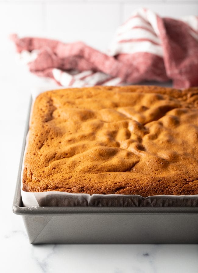 Baked Japanese sponge cake in a cake pan.