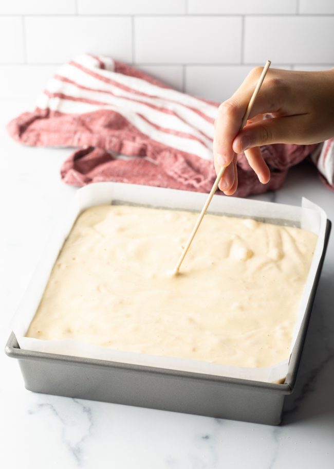 Japanese sponge cake poured into the prepared pan.