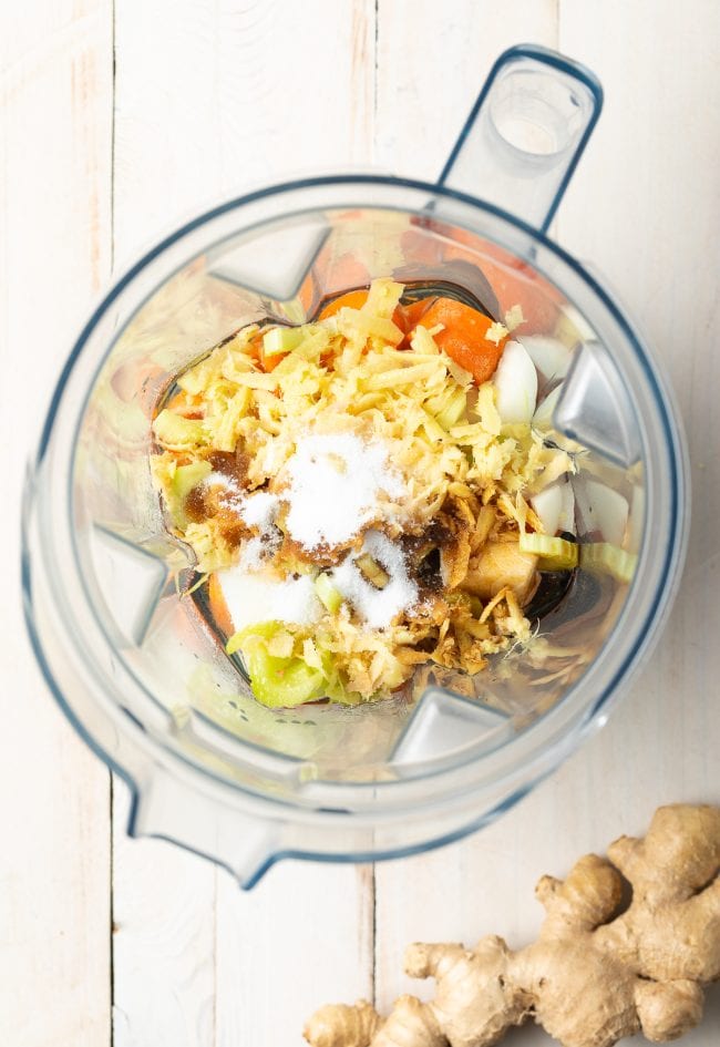 Ingredients for ginger salad dressing in a blender. 