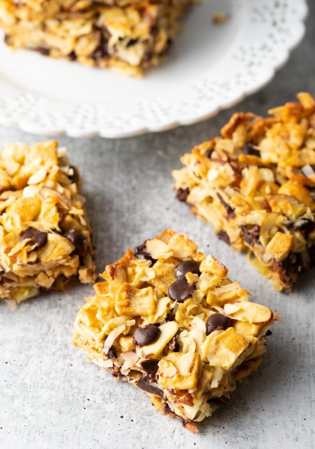 Top view keto cereal snack bars cut into squares.