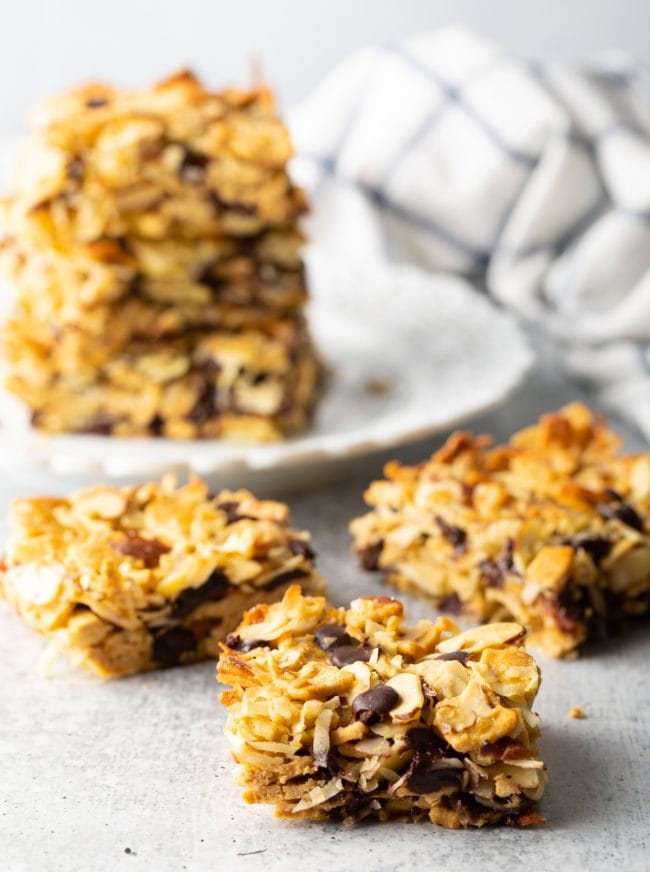 Stacks of keto cereal snack bars.