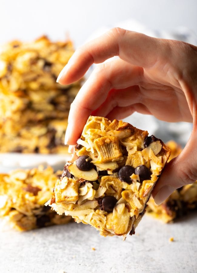 Hand holding snack with cinnamon crunch, chocolate chips, almonds and coconut.