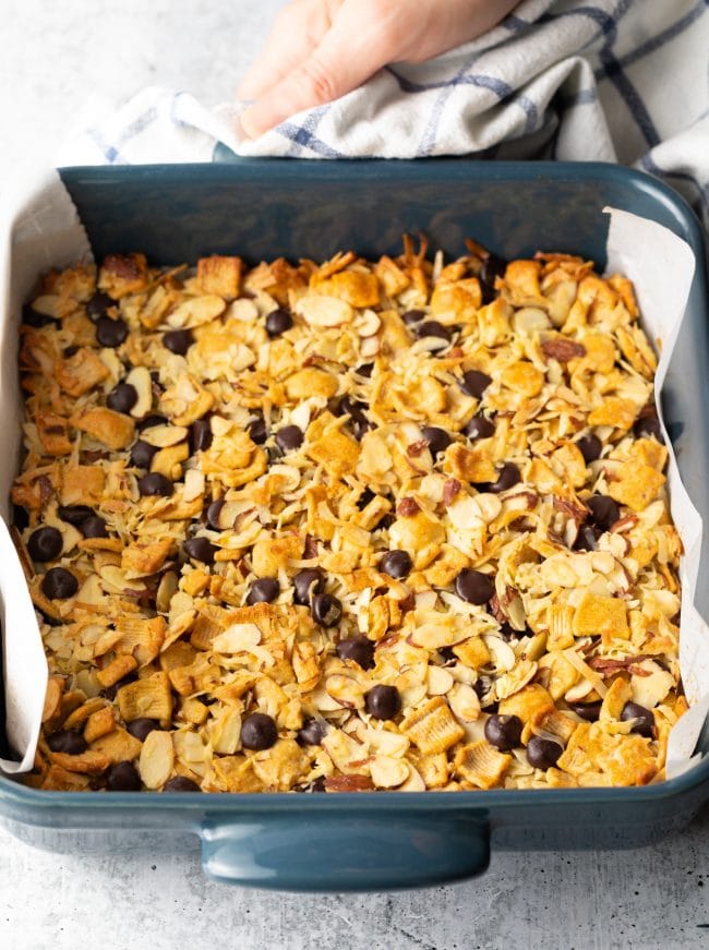 Top view baking pan with keto cereal bake.