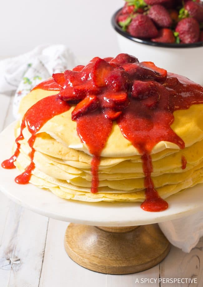 Elegant Lemon Ricotta Crepe Cake with Strawberry Sauce Recipe (Mother's Day Brunch!)