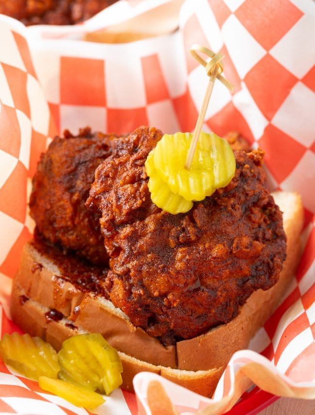 nashville hot chicken recipe close up in serving basket