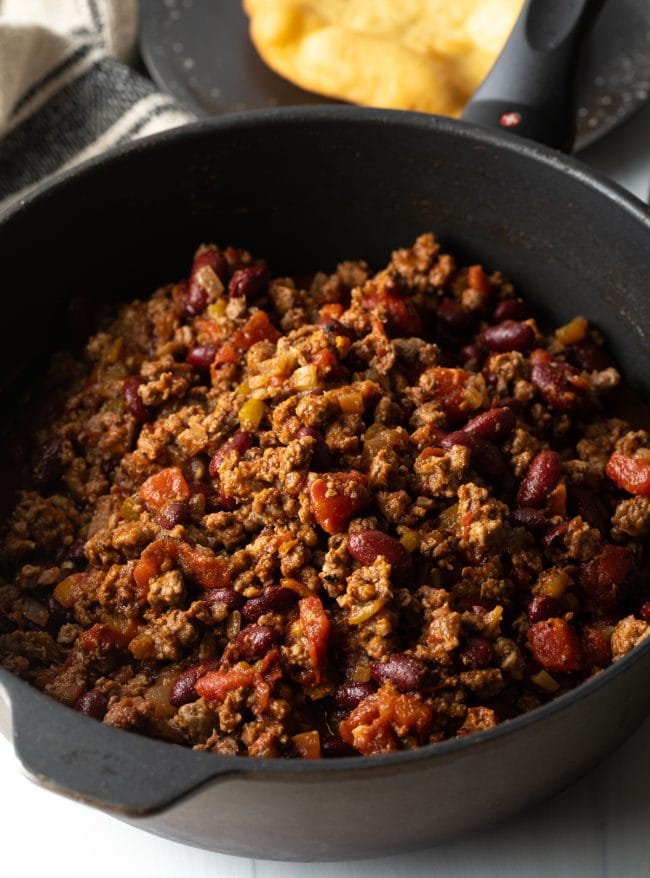 Navajo Taco Meat in a skillet. 