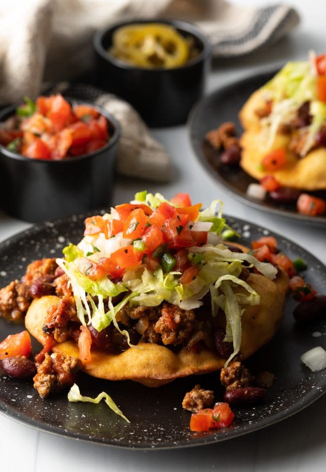 Navajo fry bread topped with taco toppings. 