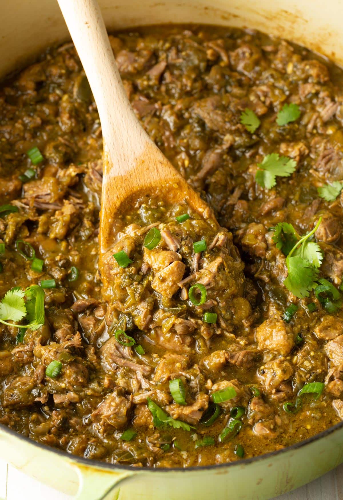 New Mexico Green Chili - Close up shot of chile verde with pork with a wooden spoon. 