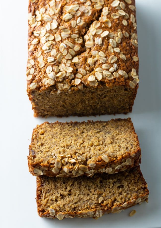 Oatmeal Banana Bread with two slices off the end. 