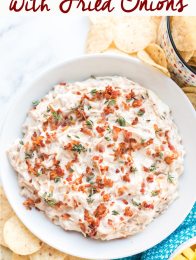 Hot Caramelized Onion Dip with Fried Onions Recipe #ASpicyPerspective #dip #hotdip