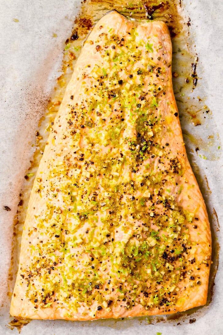 Oven Baked Salmon with spices overhead shot on baking sheet after coming out of oven