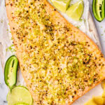 Oven Baked Salmon Recipe with Jalapeno, Lime, and Garlic - overhead shot on tray