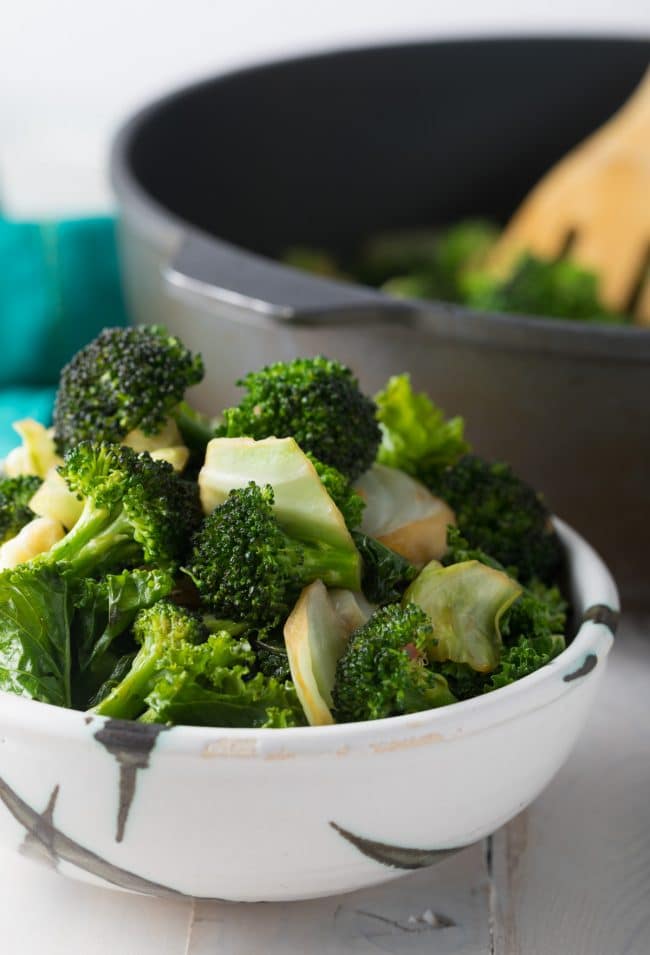 Super greens served in a decorative white bowl. 