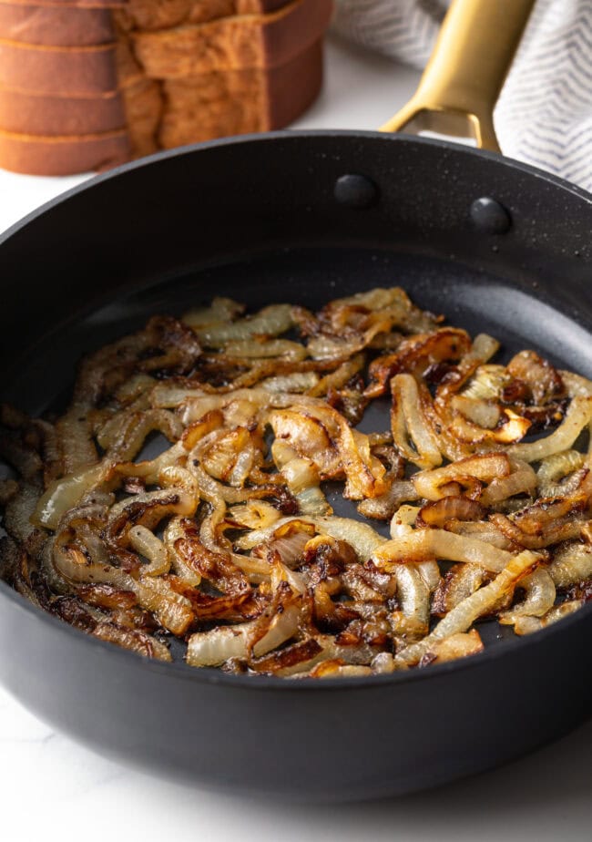 Caramelized onions in a skillet.