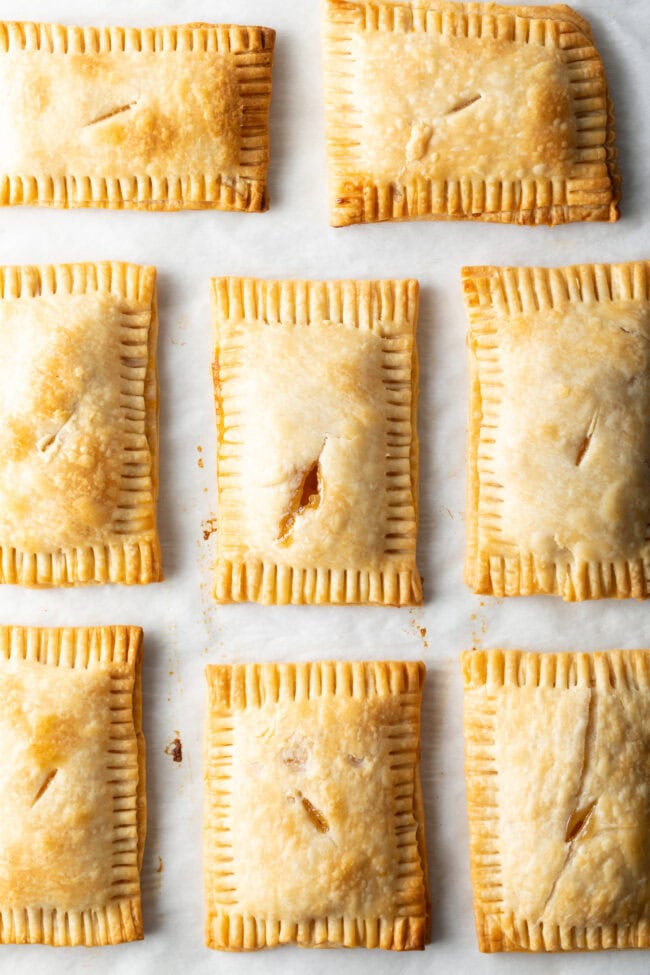 Top down view 8 baked hand pies.